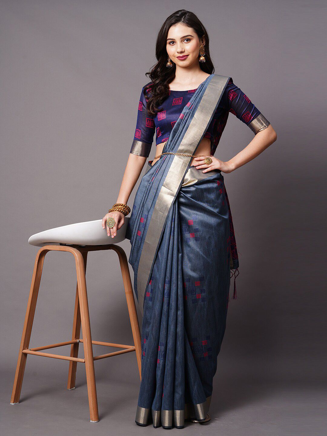 Mitera Blue & Pink Ethnic Motifs Silk Cotton Banarasi Saree Price in India