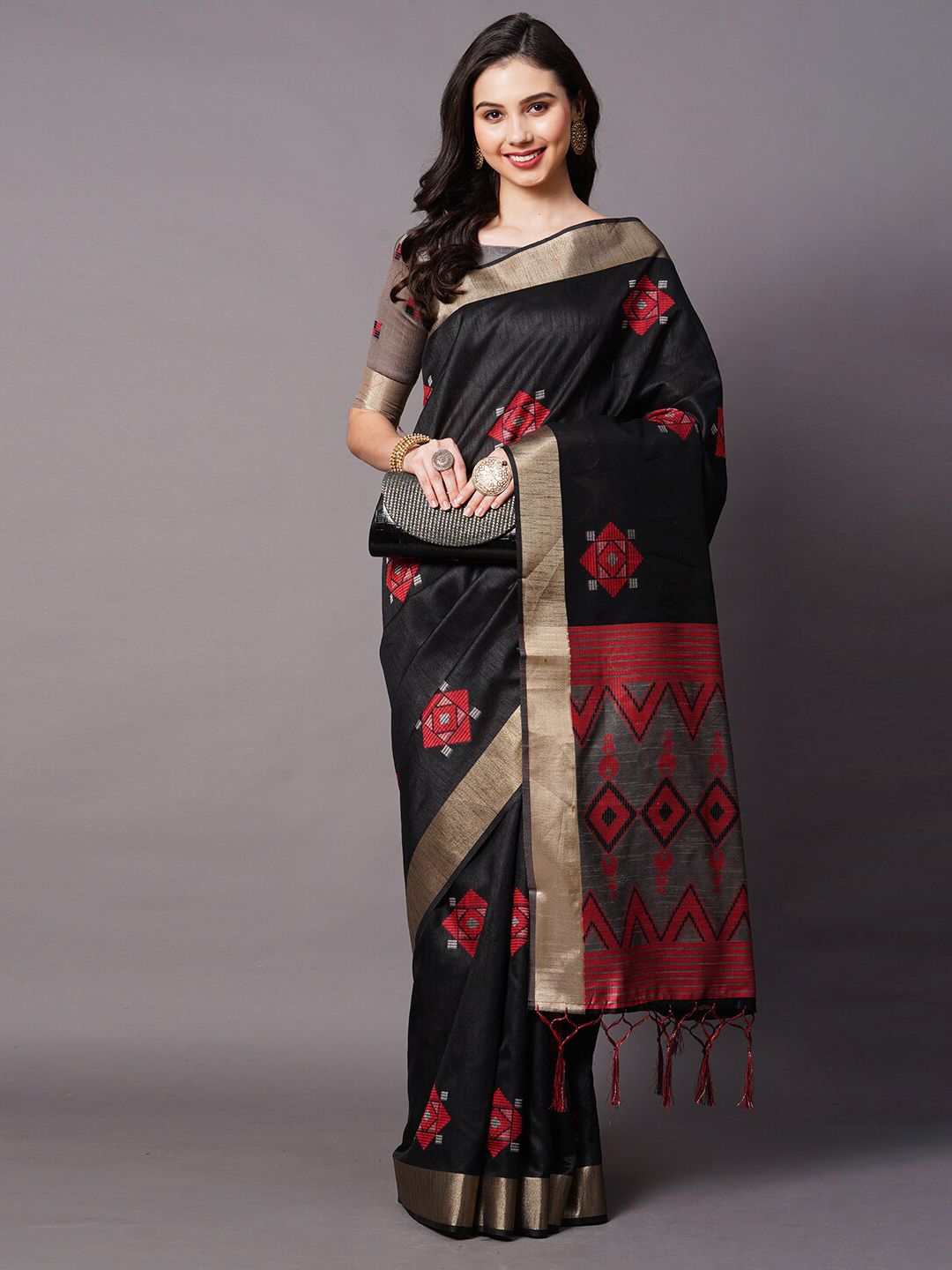 Mitera Black & Red Silk Cotton Banarasi Saree Price in India