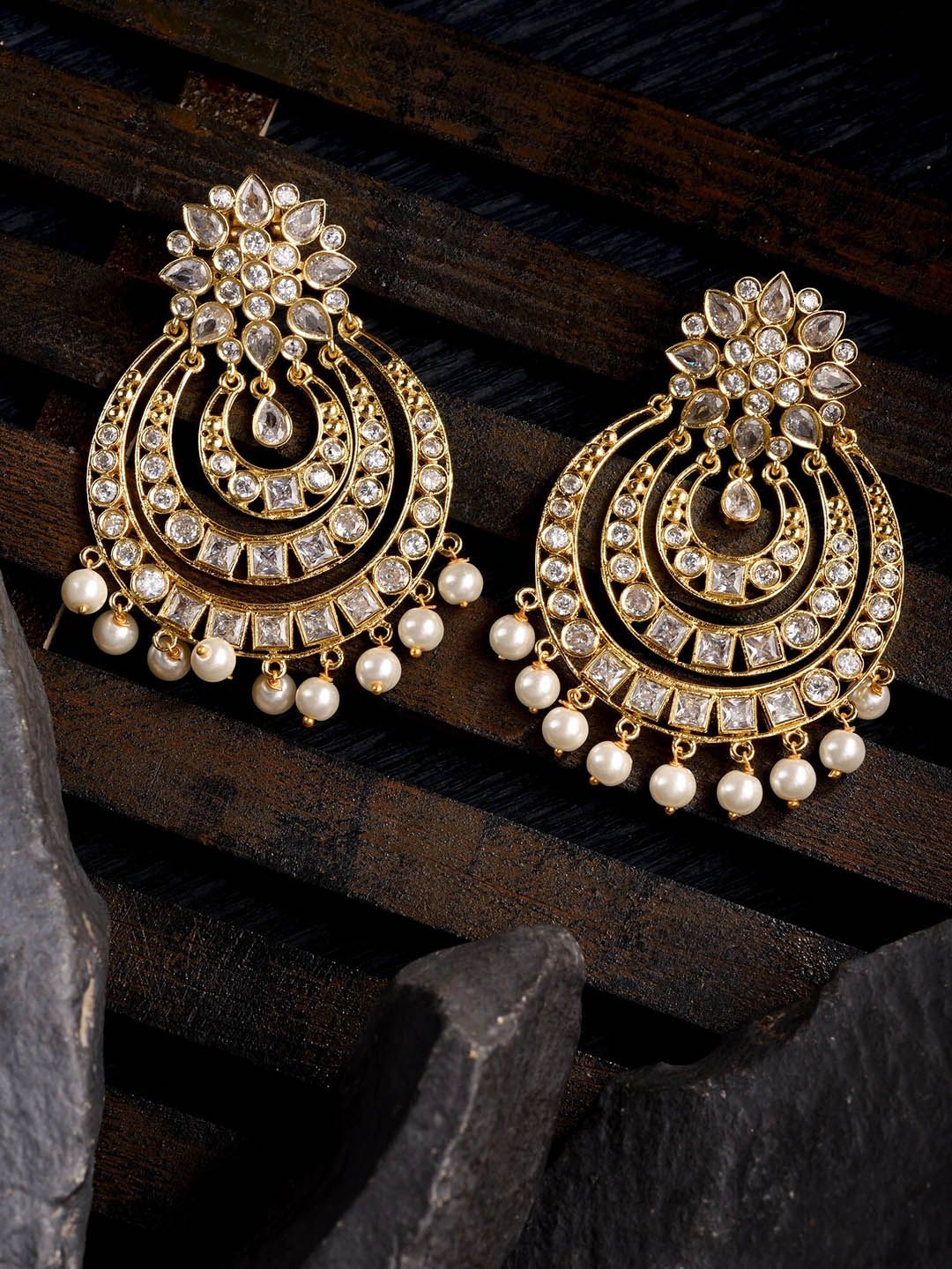 Saraf RS Jewellery Gold-Toned & White Crescent Shaped Chandbalis Earrings Price in India