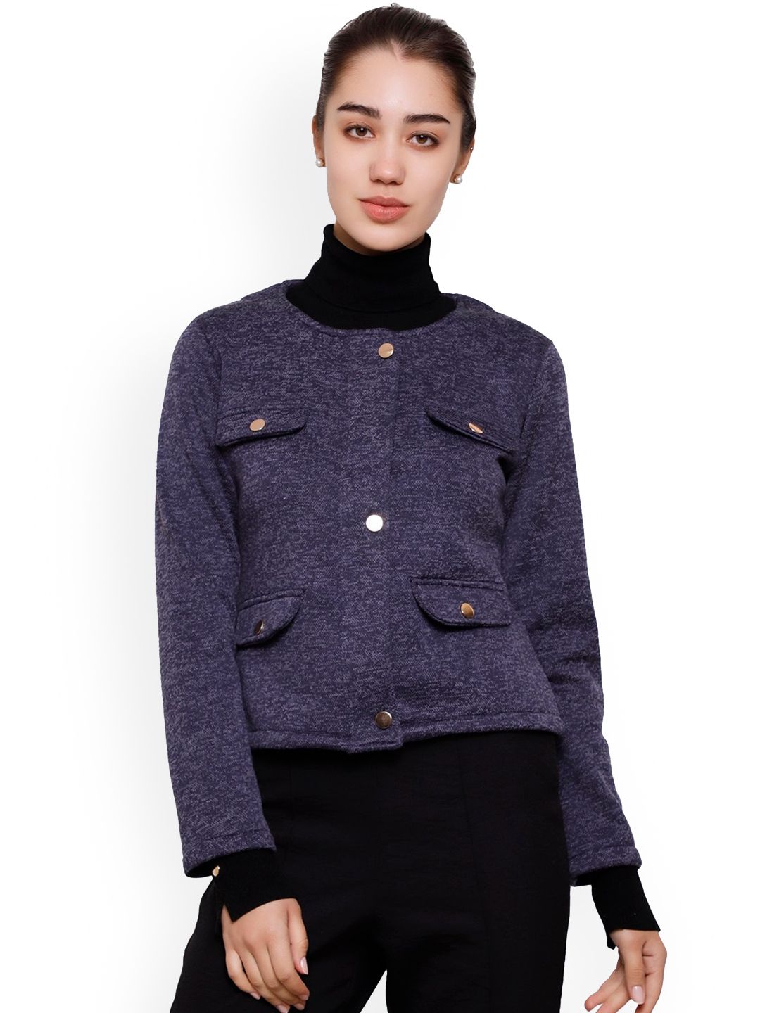 DECHEN Women Navy Blue Textured Tailored Jacket Price in India