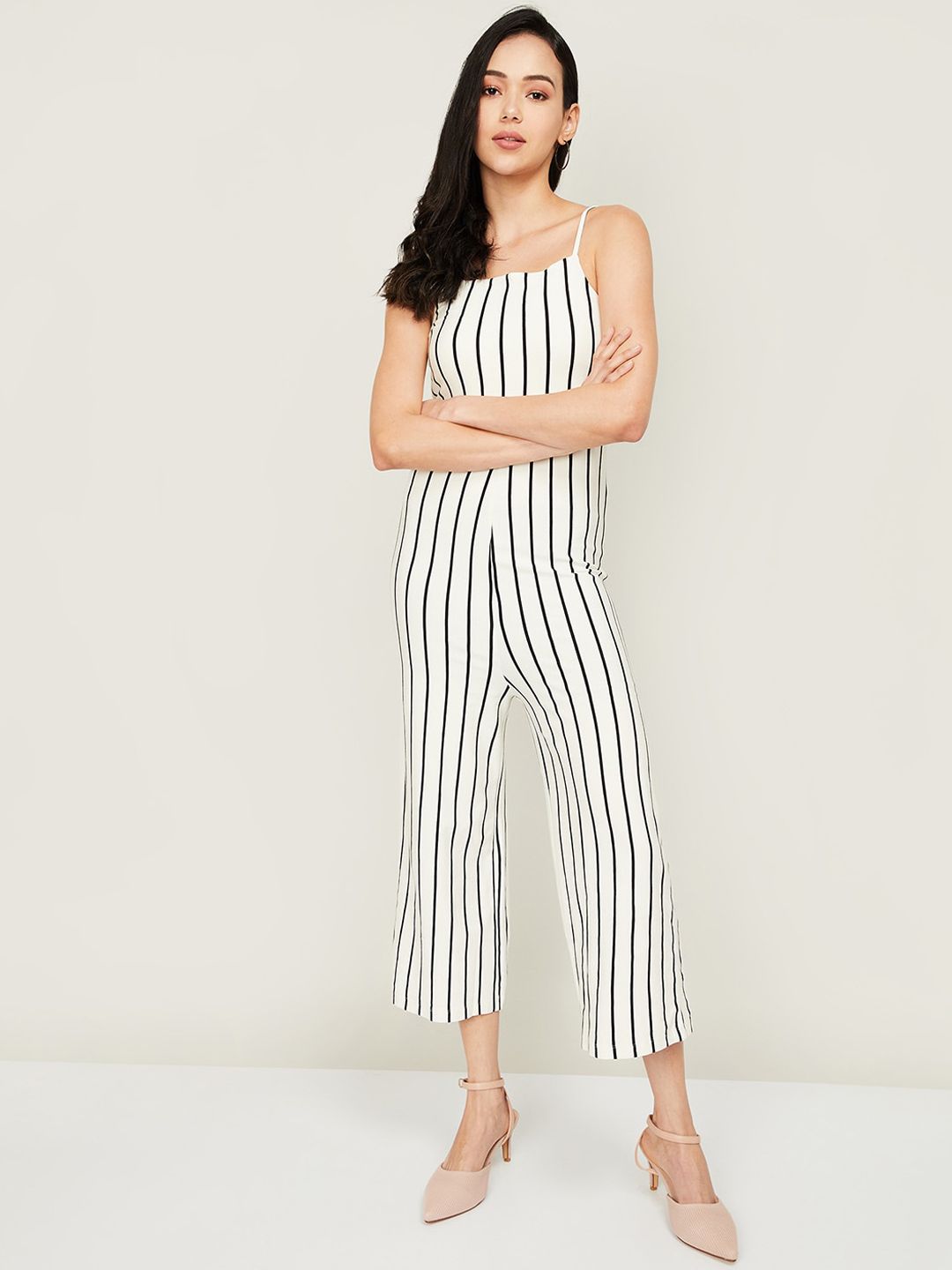 Ginger by Lifestyle Off White & Black Striped Culotte Jumpsuit Price in India