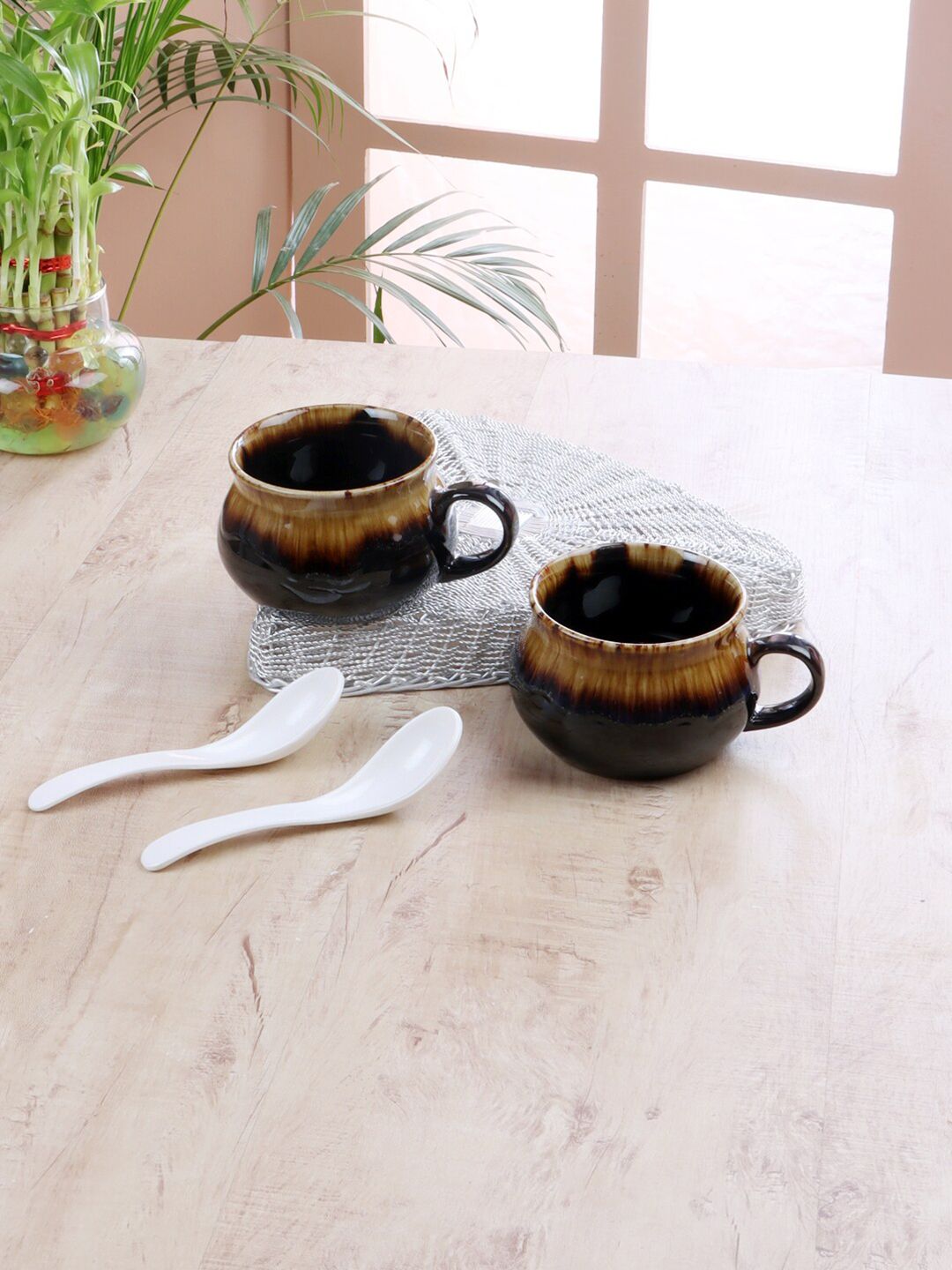 CDI Set 2 Brown & Black Solid Ceramic Glossy Soup Mugs With Spoon Price in India