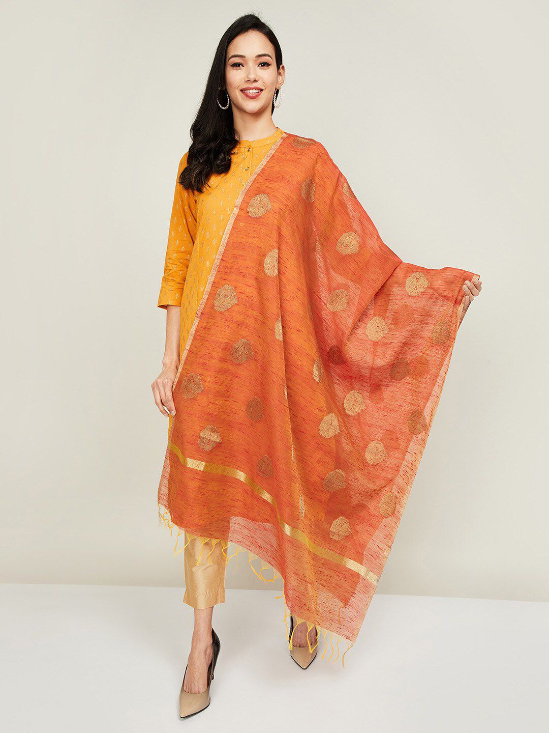 Melange by Lifestyle Rust Red & Gold-Coloured Ethnic Motifs Woven Design Chanderi Dupatta