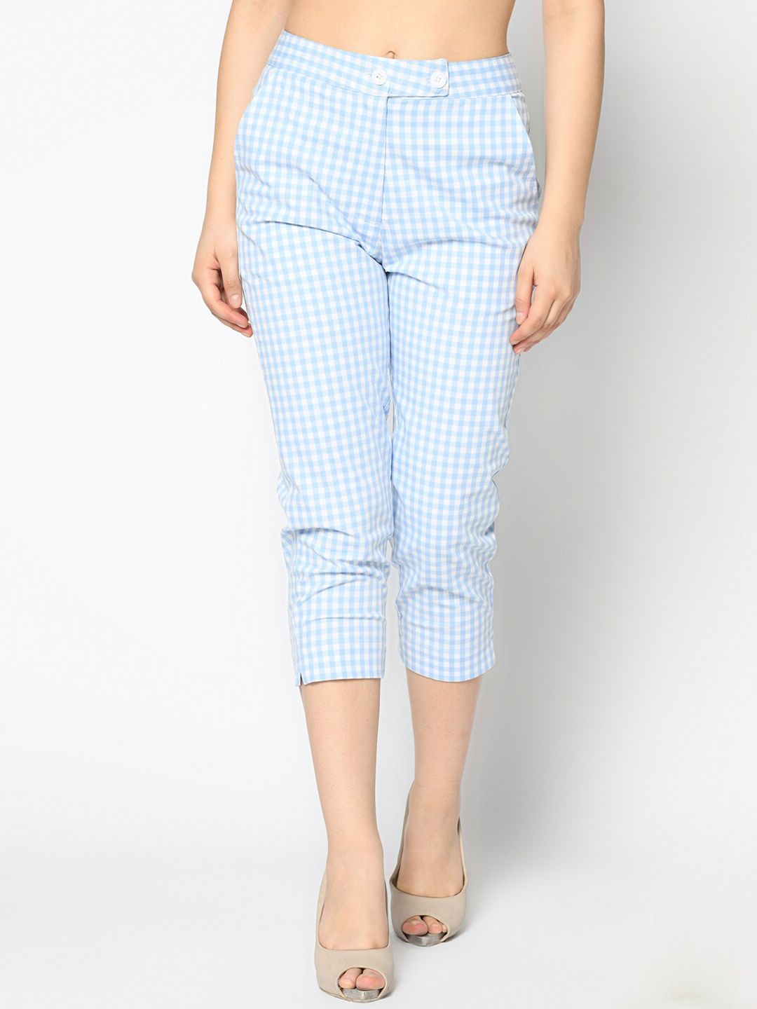 SQew Women Blue & White Checked Slim Fit Cotton Cigarette Trousers Price in India