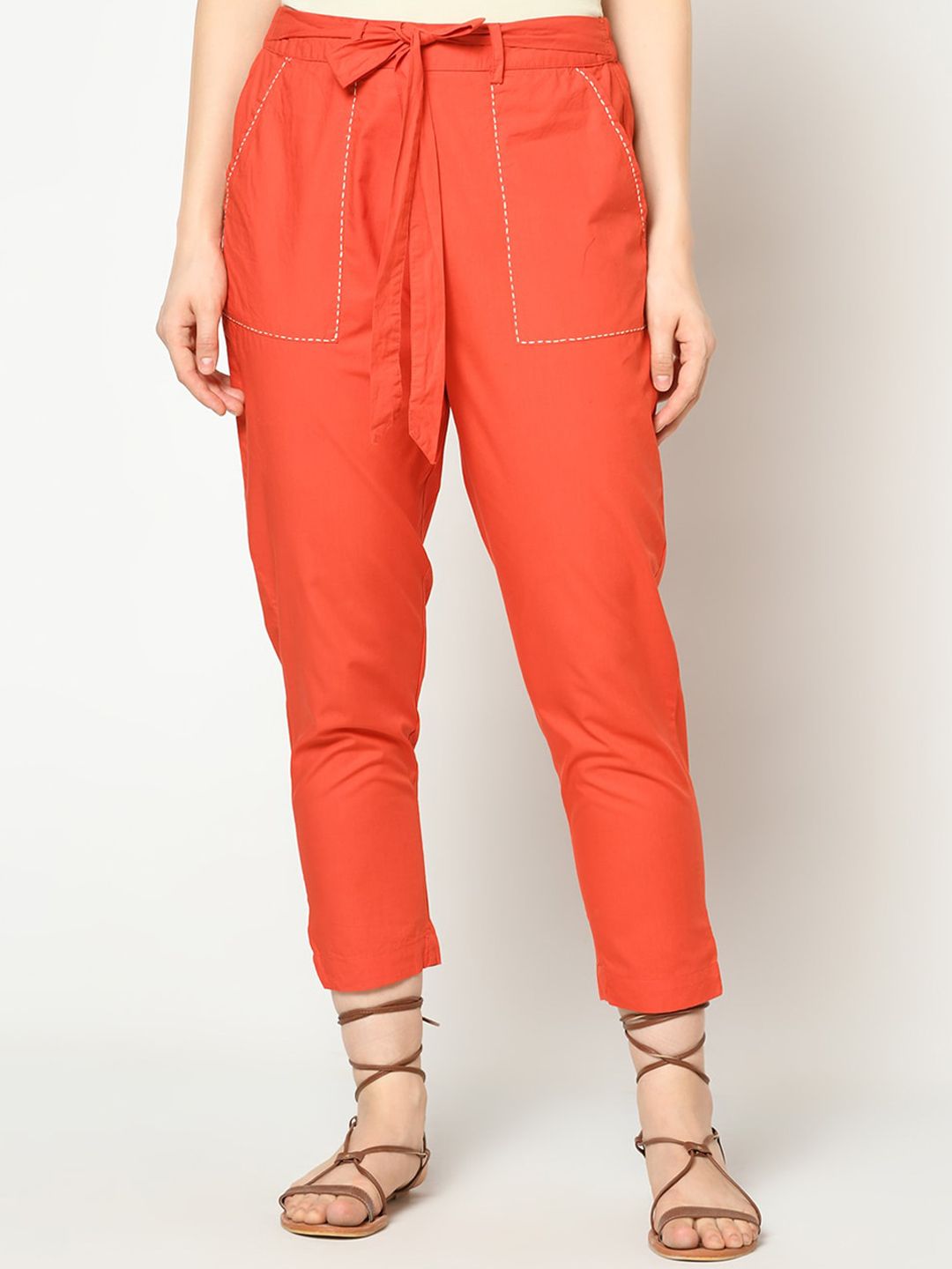 SQew Women Orange Slim Fit Trousers Price in India