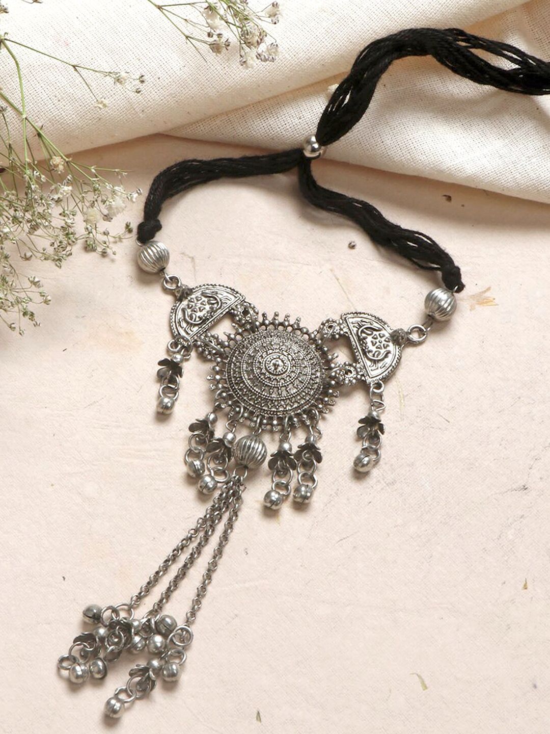 TEEJH Silver-Toned & Black Choker Necklace Price in India