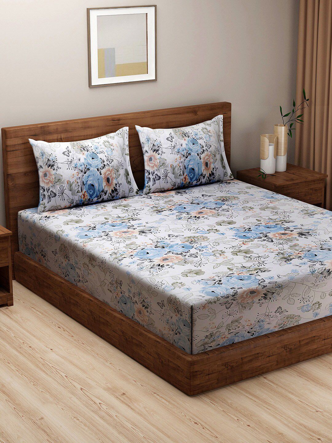 SWAYAM White & Blue Floral 144 TC King Bedsheet with 2 Pillow Covers Price in India