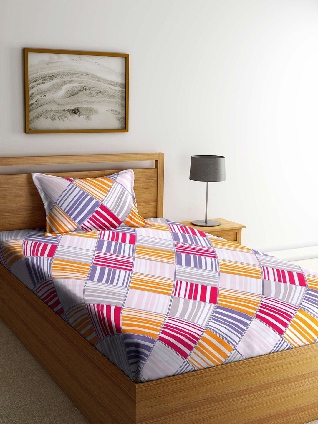 KLOTTHE Multicoloured Geometric 210 TC Single Bedsheet with 1 Pillow Cover Price in India