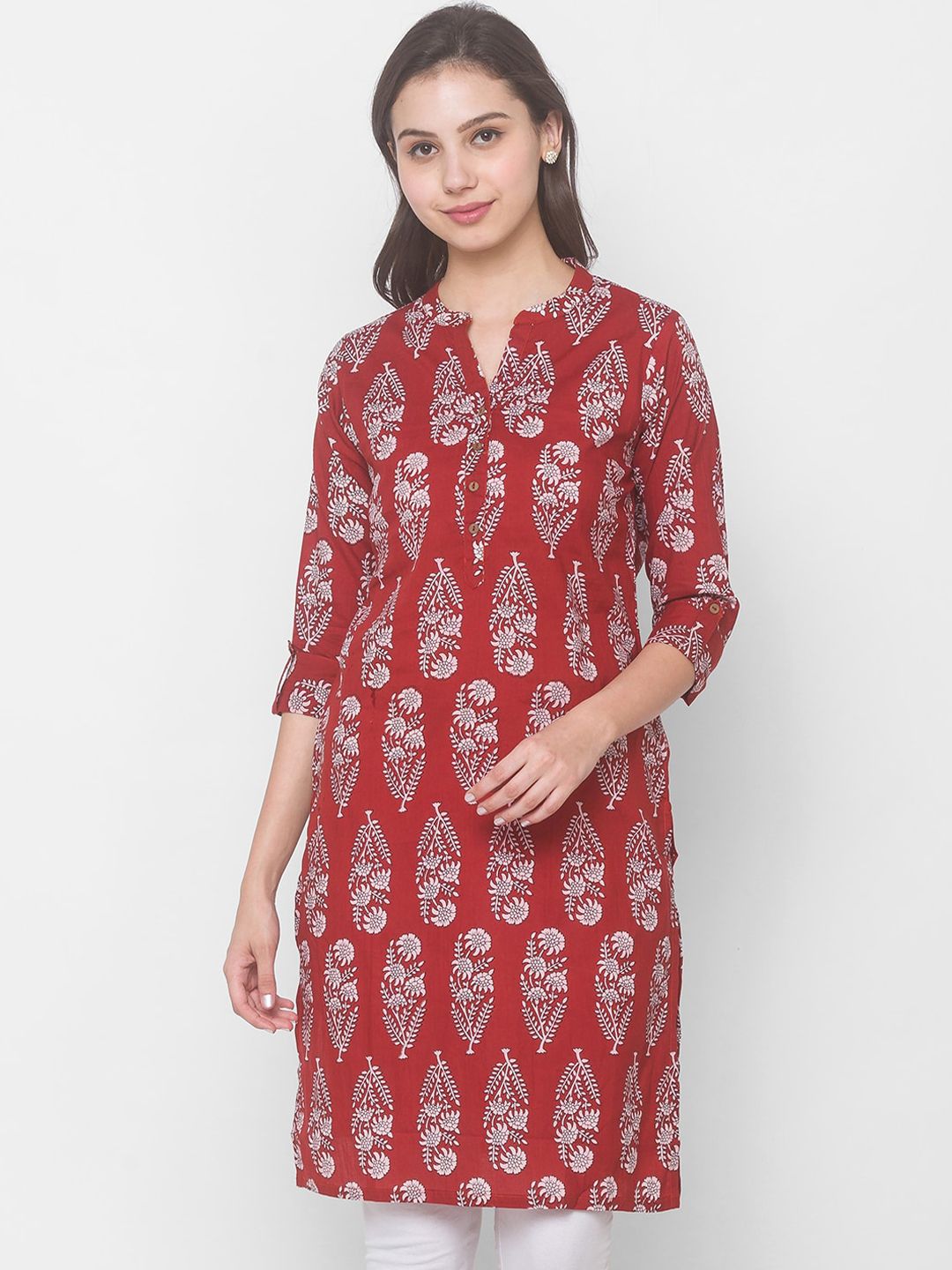 Globus Women Red Ethnic Motifs Printed Chikankari Kurta Price in India