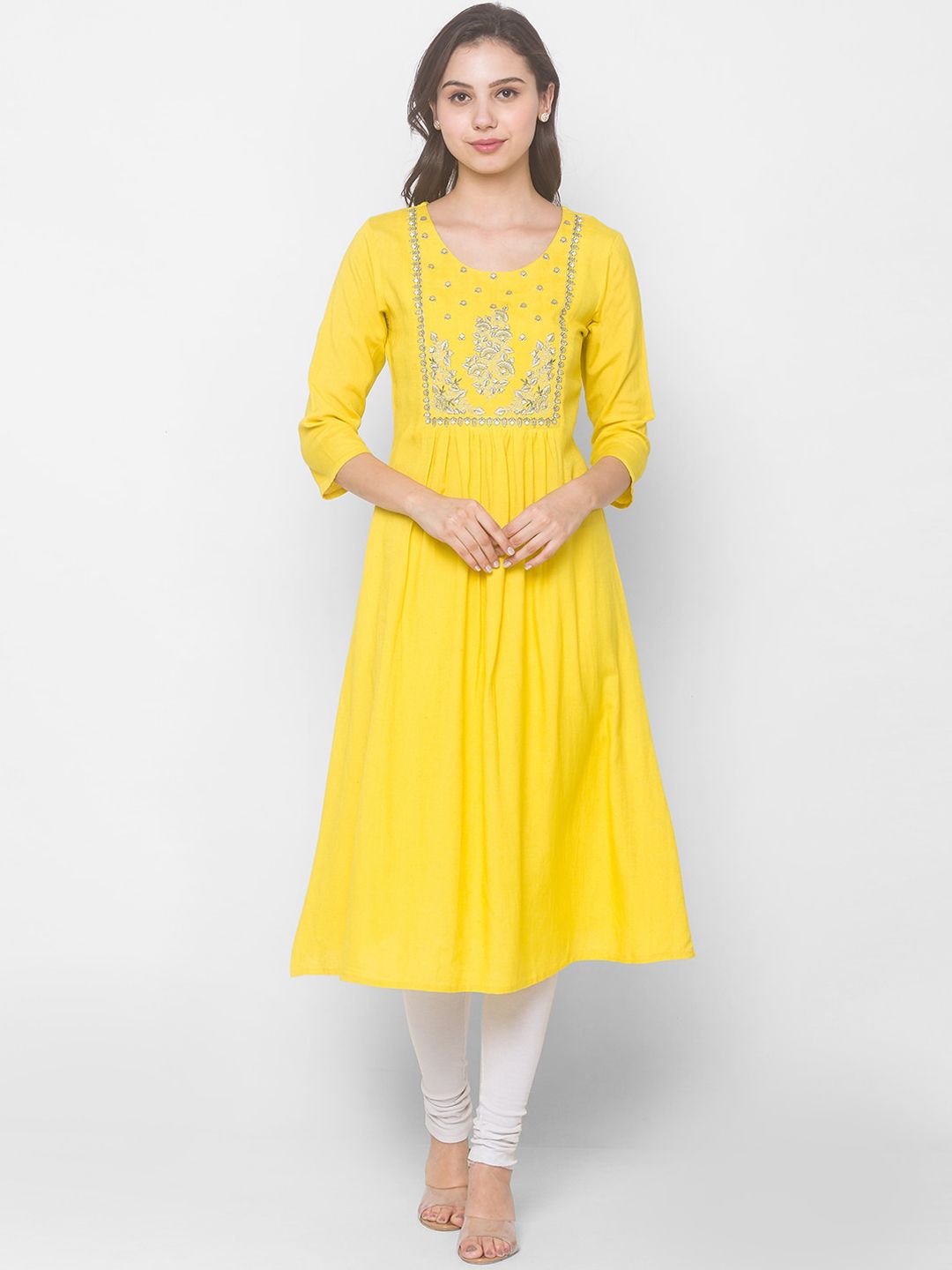 Globus Women Yellow Paisley Embroidered Thread Work Anarkali Kurta Price in India