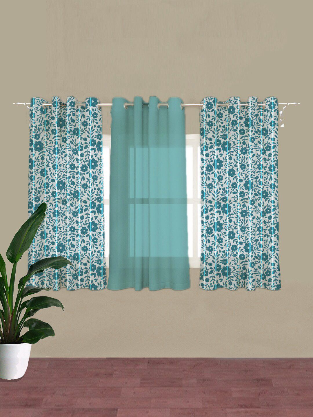 HOUZZCODE Blue & White Set of 3 Floral Room Darkening & Sheer Window Curtains Price in India