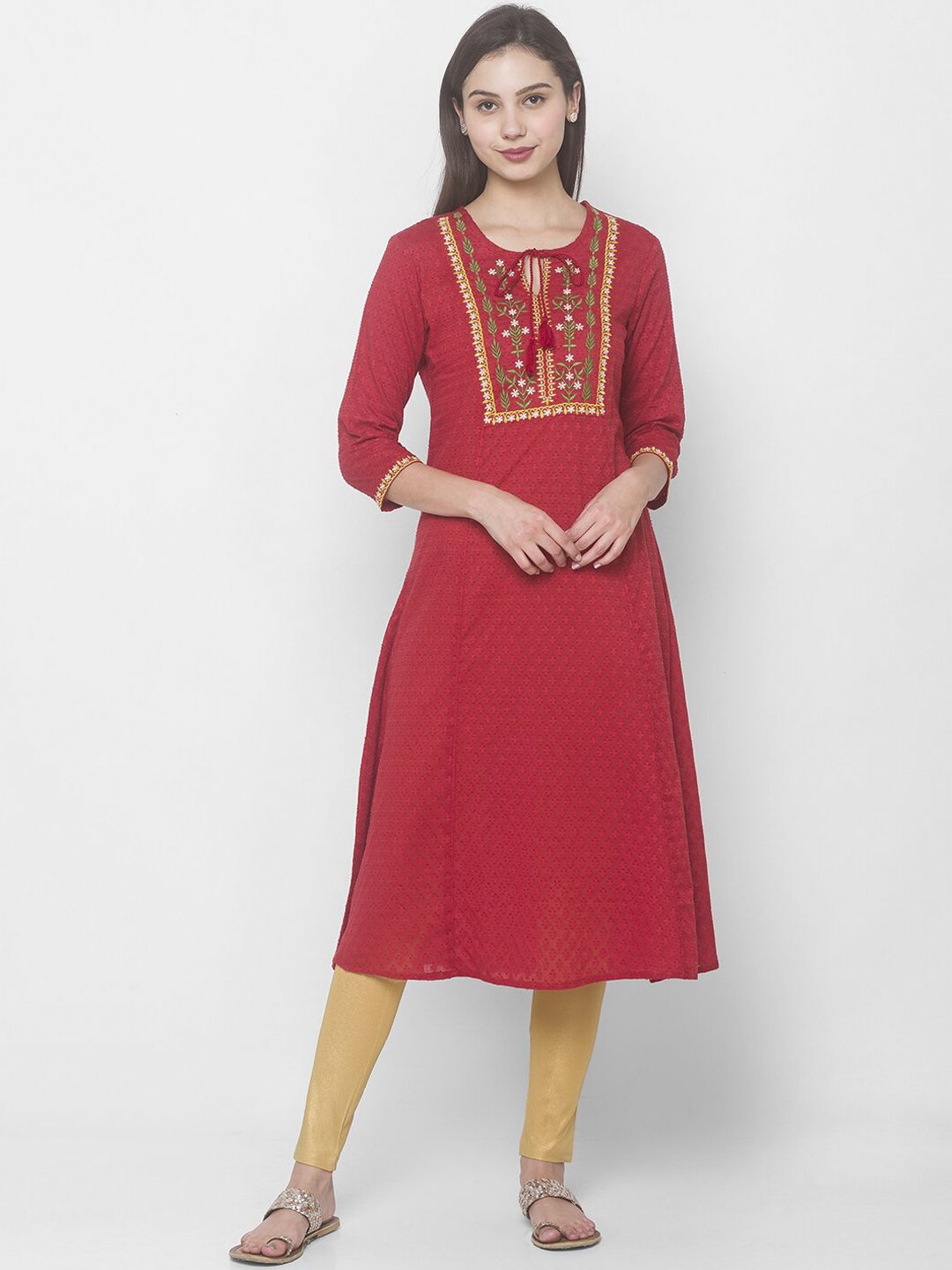 Globus Women Red Yoke Design Thread Work Kurta Price in India