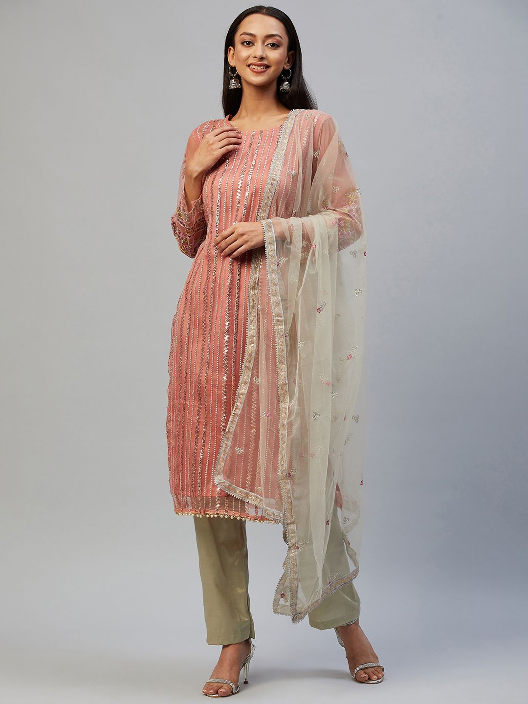 Readiprint Fashions Peach-Coloured & Green Embroidered Unstitched Dress Material Price in India