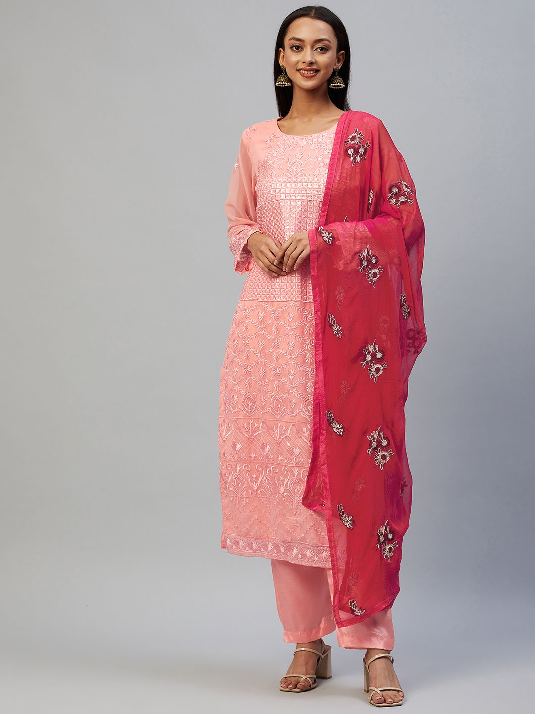 Readiprint Fashions Peach-Coloured & Red Embroidered Unstitched Dress Material Price in India