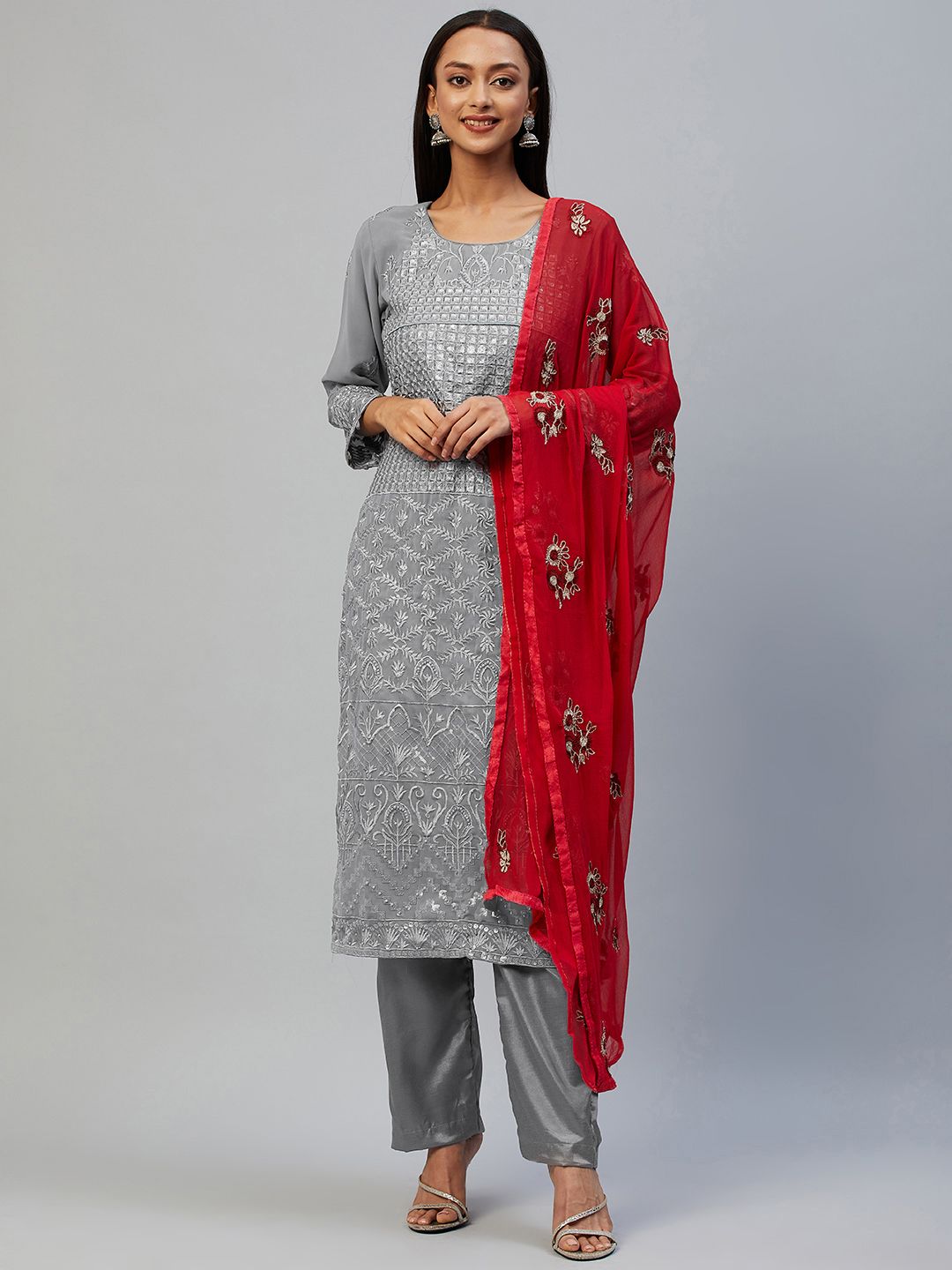 Readiprint Fashions Grey & Red Embroidered Unstitched Dress Material Price in India