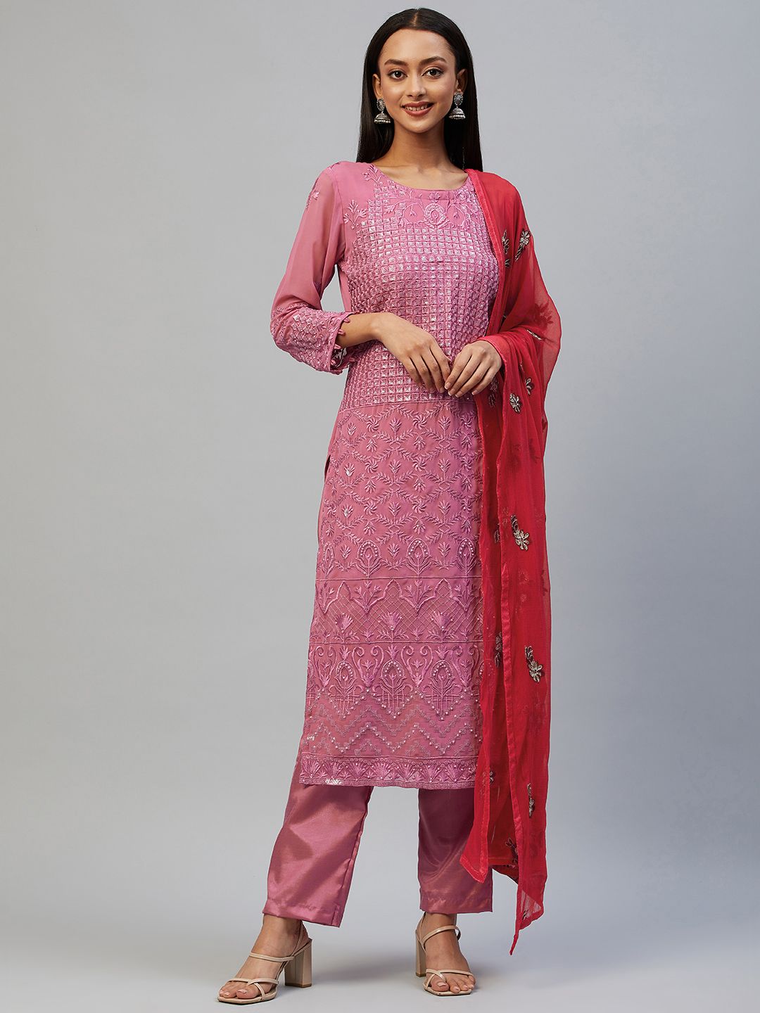 Readiprint Fashions Pink & Red Embroidered Unstitched Dress Material Price in India