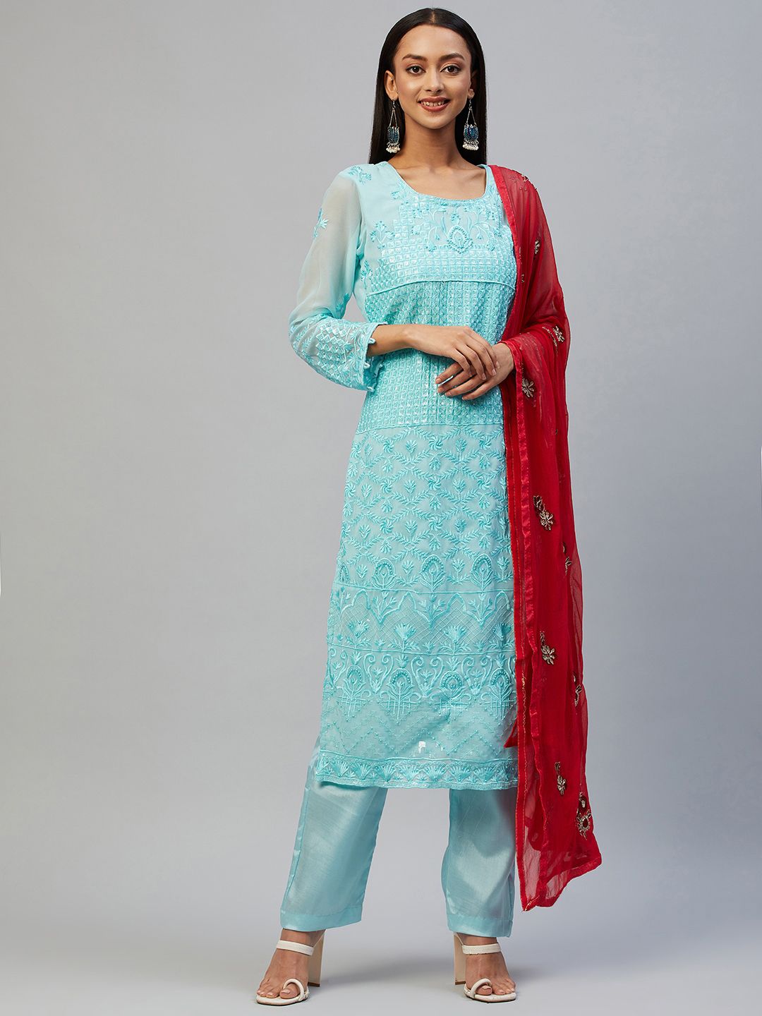 Readiprint Fashions Turquoise Blue & Red Embroidered Unstitched Dress Material Price in India