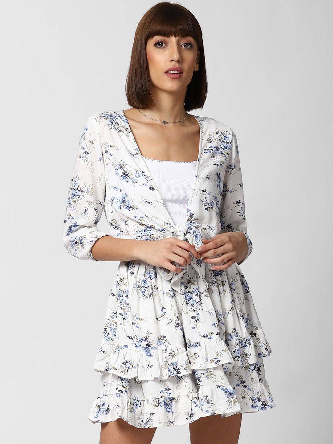 FOREVER 21 White & Blue Printed with Ruffles Jumpsuit Price in India