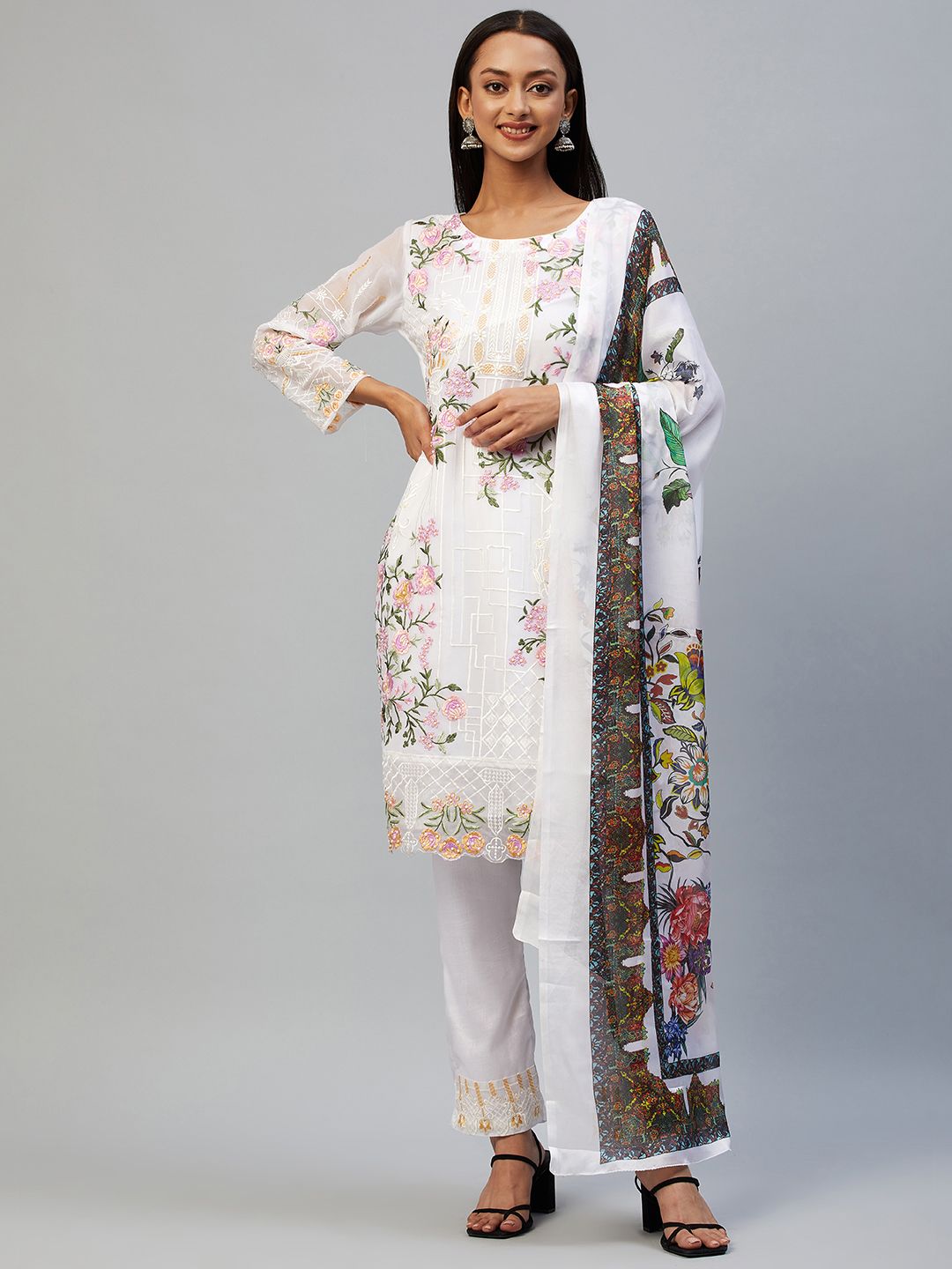 Readiprint Fashions White & Pink Embroidered Unstitched Dress Material Price in India