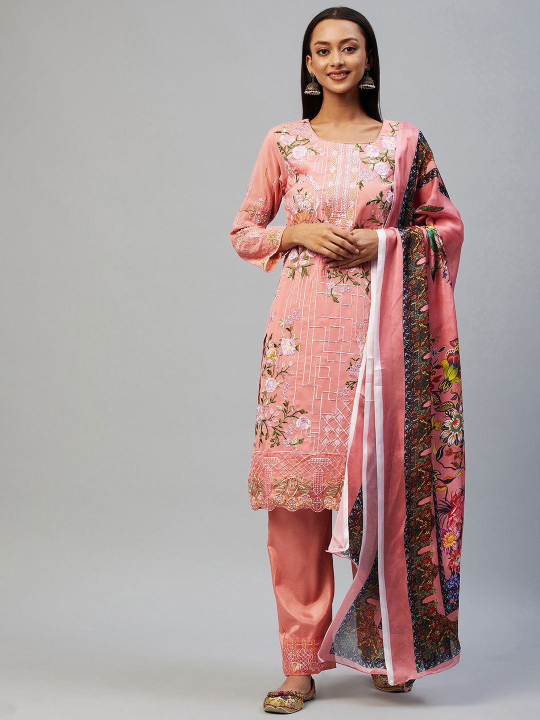 Readiprint Fashions Peach-Coloured & Pink Embroidered Unstitched Dress Material Price in India