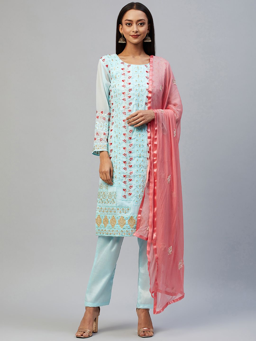 Readiprint Fashions Blue & Turquoise Blue Embroidered Unstitched Dress Material Price in India