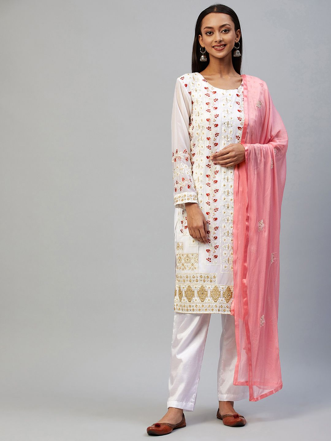 Readiprint Fashions White & Pink Embroidered Unstitched Dress Material Price in India