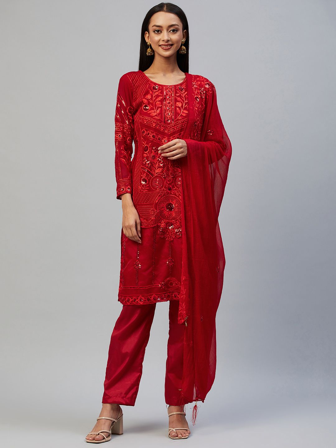 Readiprint Fashions Red Embroidered Unstitched Dress Material Price in India