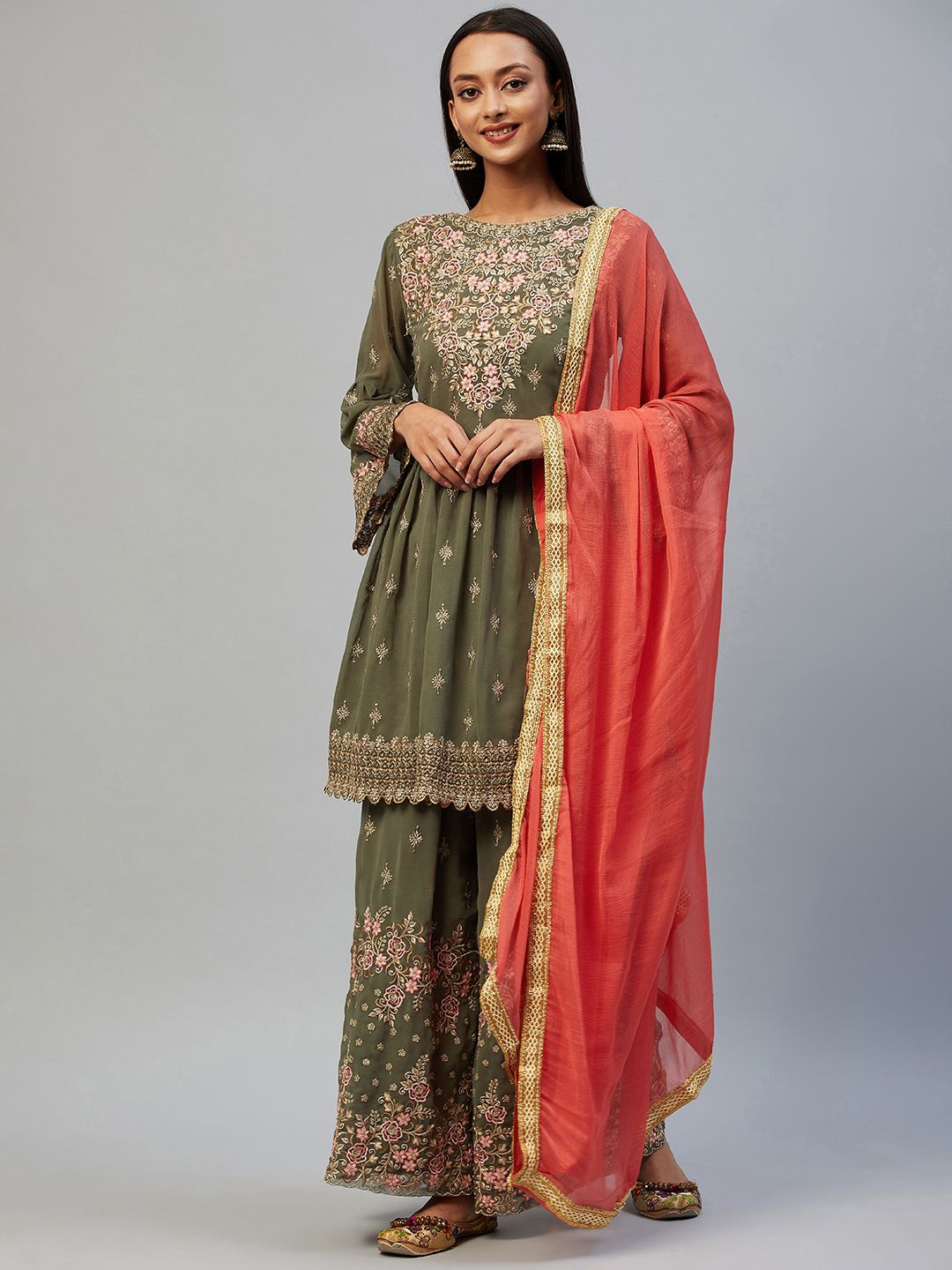 Readiprint Fashions Green & Olive Green Embroidered Semi-Stitched Dress Material Price in India