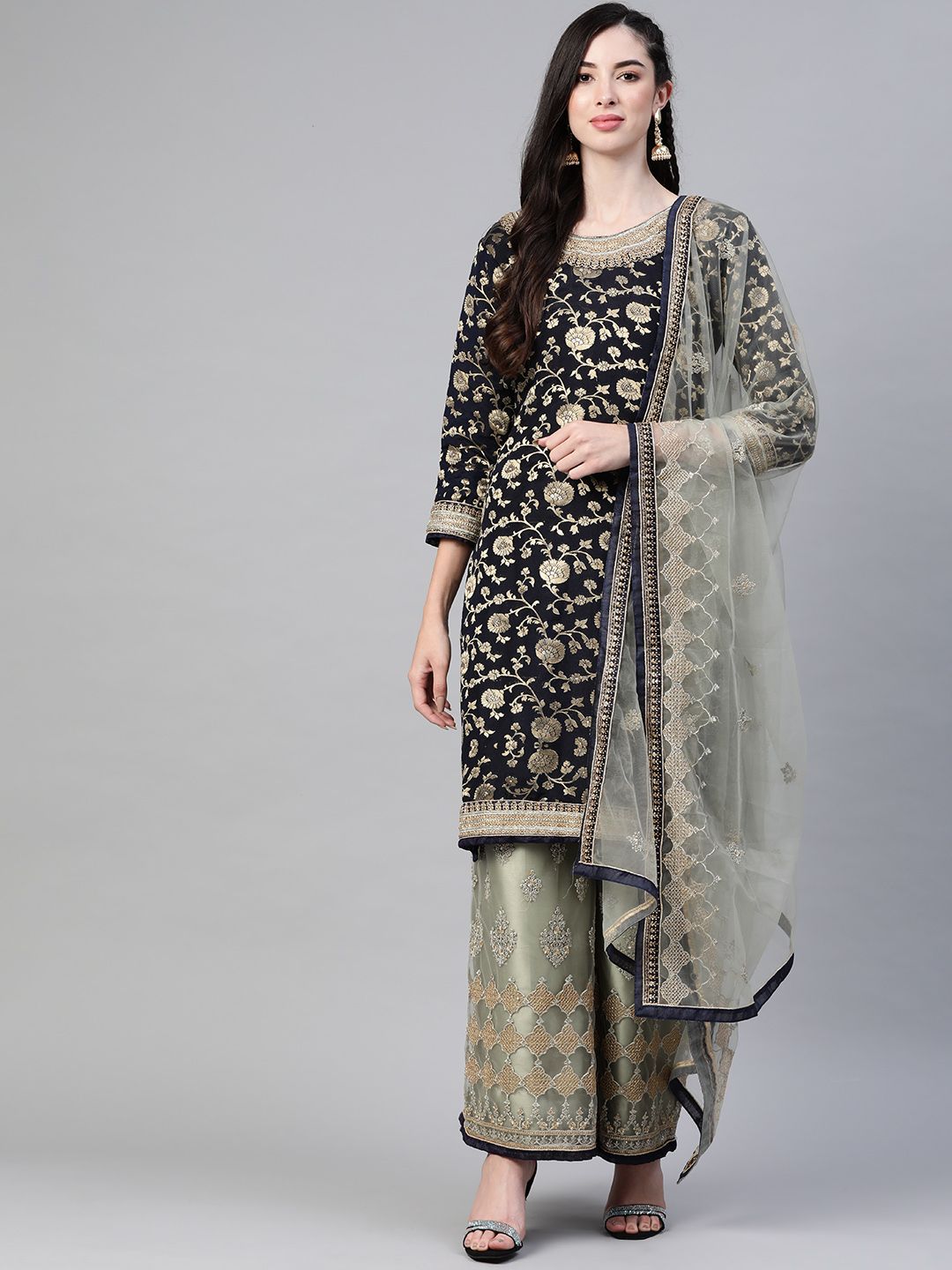 Readiprint Fashions Navy Blue & Green Embroidered Jacquard Unstitched Dress Material Price in India