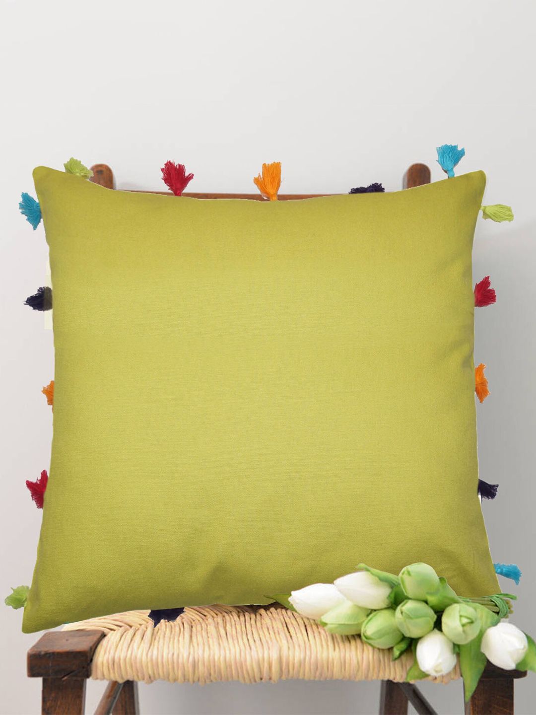 Lushomes Yellow Set of 3 Square Cushion Covers with Tassels Price in India