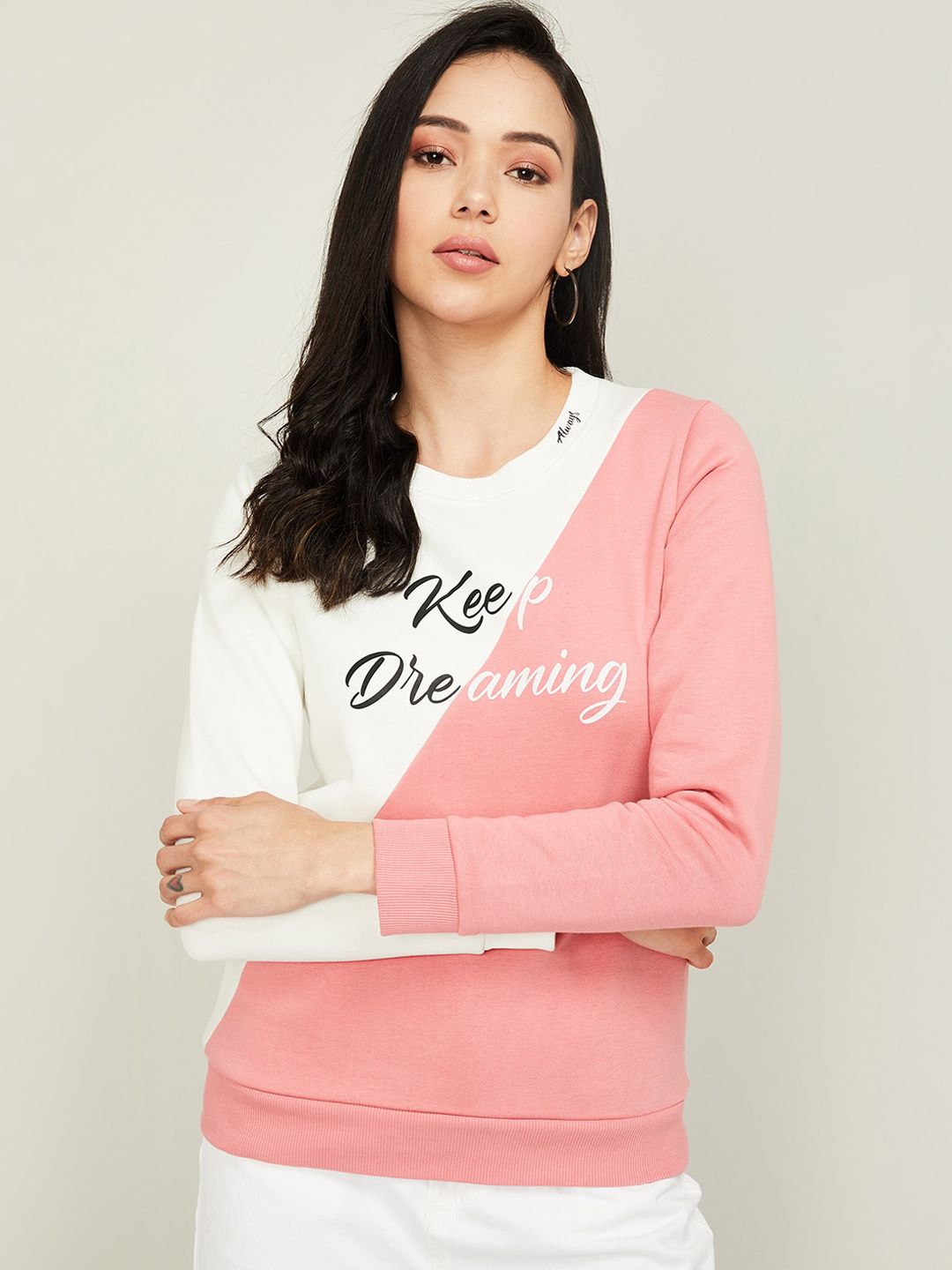 Bossini Women Pink & White Colourblocked Typography Printed Sweatshirt Price in India