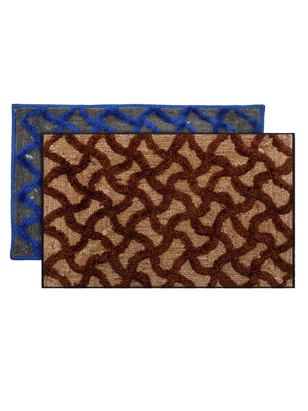 Kuber Industries Set Of 2 Brown & Blue Textured Velvet Anti-Skid Doormat Price in India