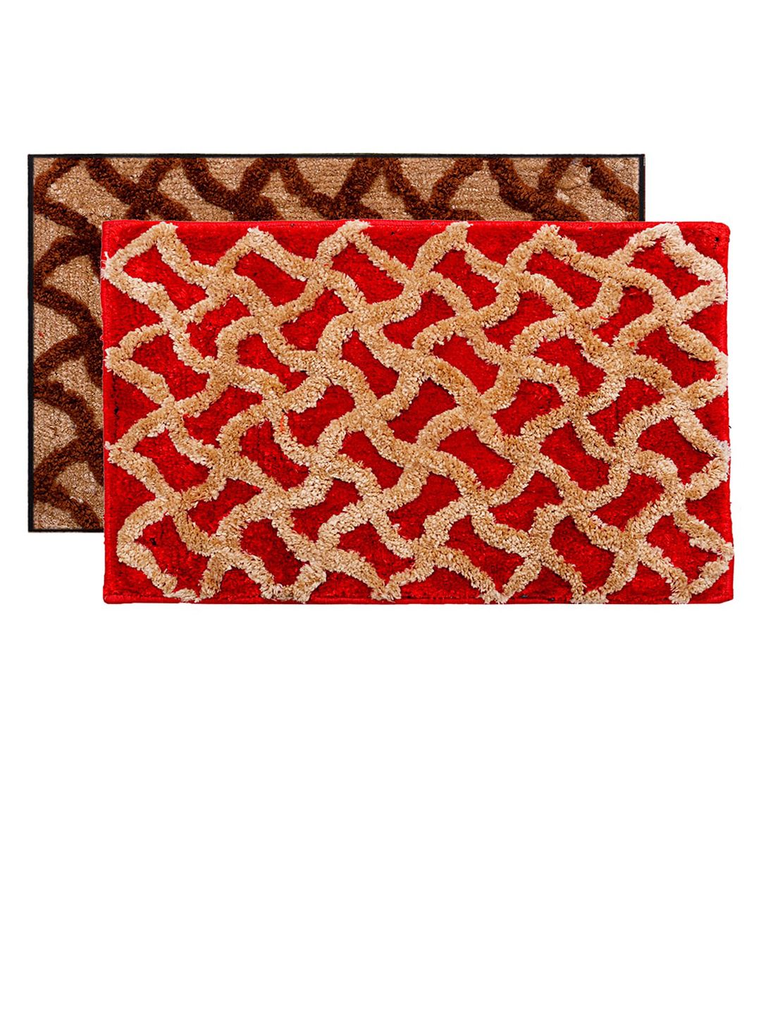 Kuber Industries Set Of 2 Red & Brown Textured Velvet Anti-Skid Doormats Price in India