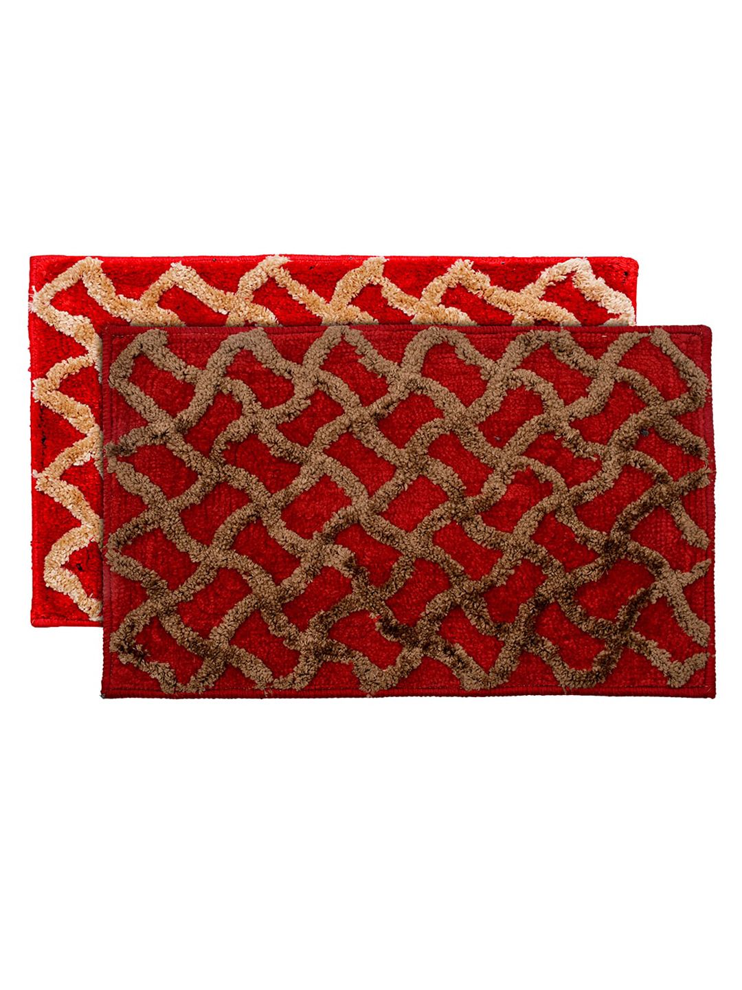 Kuber Industries Pack Of 2 Maroon Geometric Velvet Anti-Skid Doormats Price in India