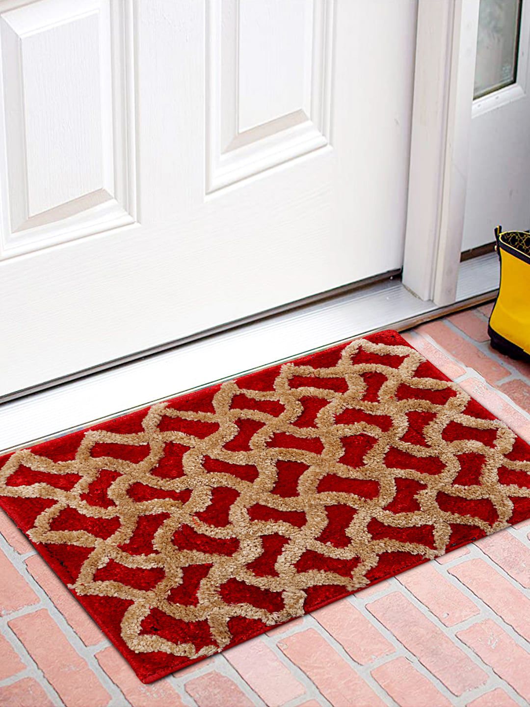 Kuber Industries Red & Beige Textured Velvet Anti-Skid Doormat Price in India