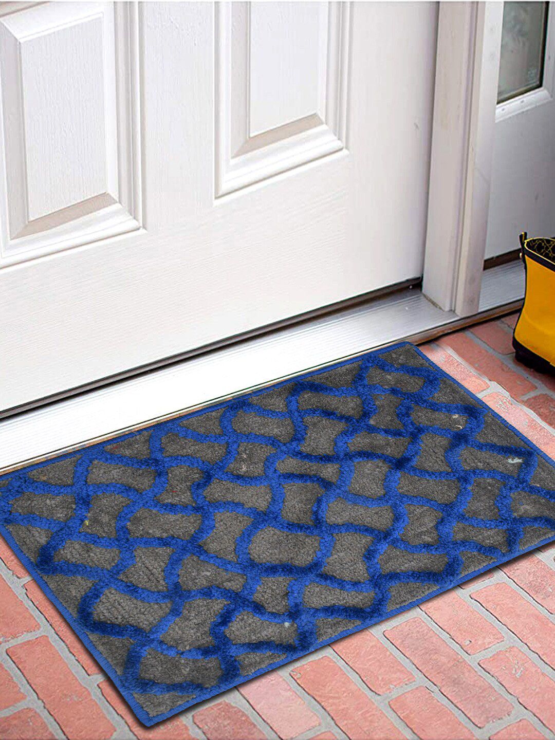 Kuber Industries Blue & Grey Patterned Velvet Rectangular Anti-Skid Doormat Price in India