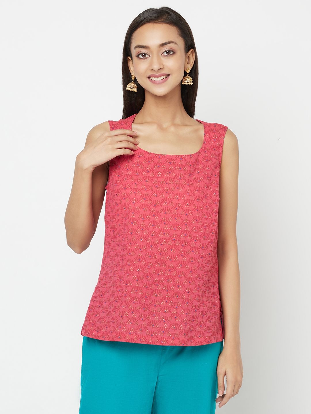 Fabindia Pink & Golden Pure Cotton Handblock Print Top