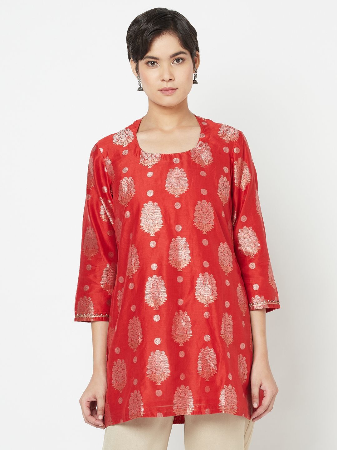 Fabindia Red & Golden Ethnic Print Hand Embroidered Tunic Price in India