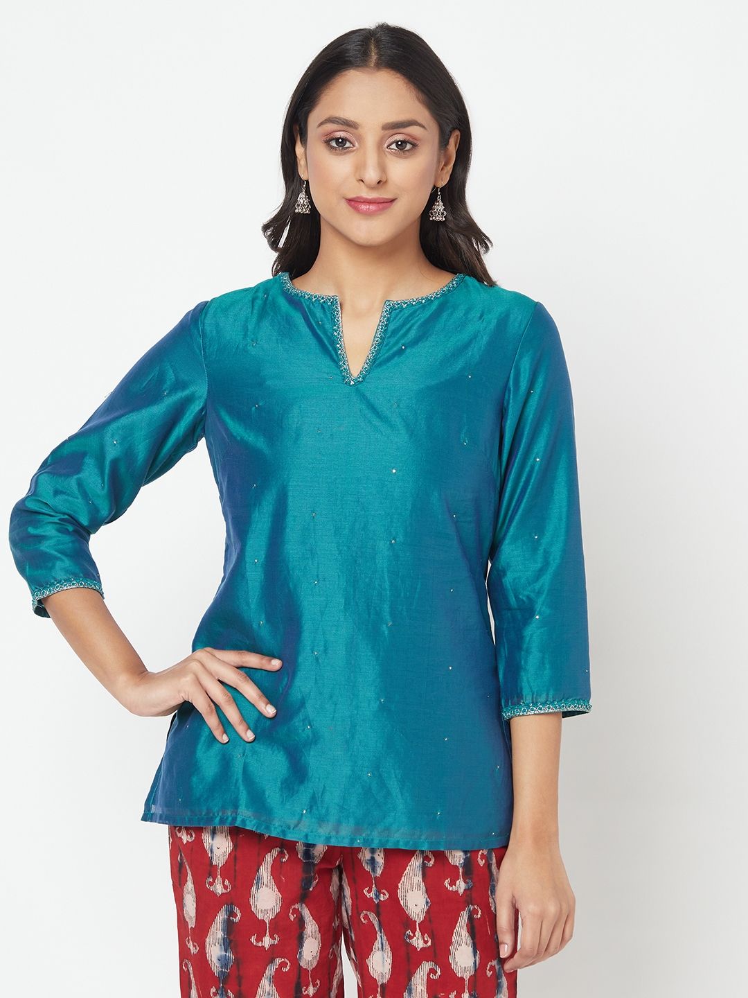 Fabindia Women Teal Blue Solid Embellished Kurti