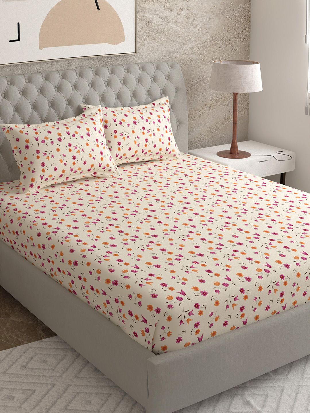 EverHOME Beige & Pink Floral Printed Cotton 144 TC Queen Bedsheet With 2 Pillow Covers Price in India