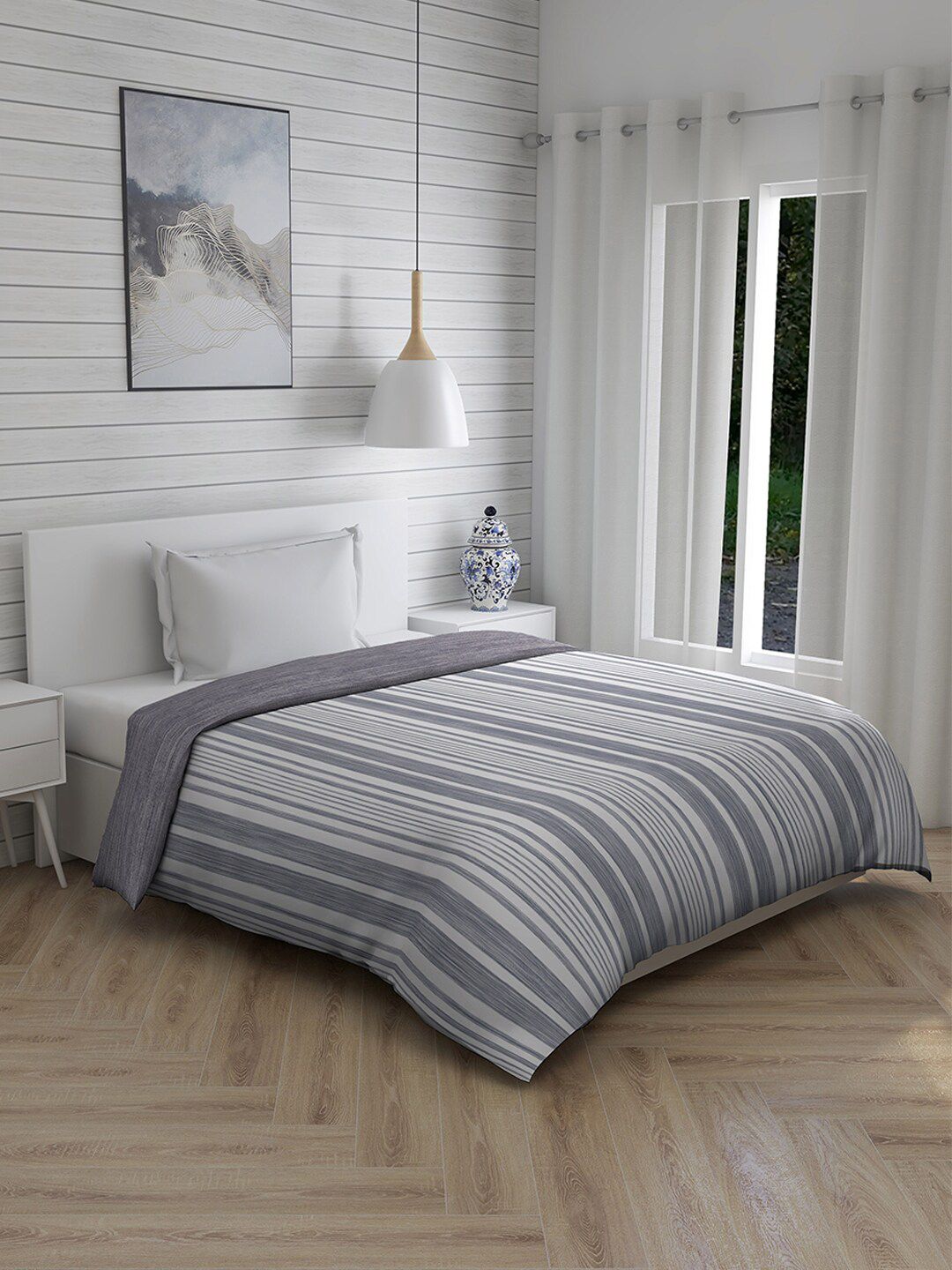 Boutique Living India Blue & Grey Striped AC Room 120 GSM Single Bed Comforter Price in India