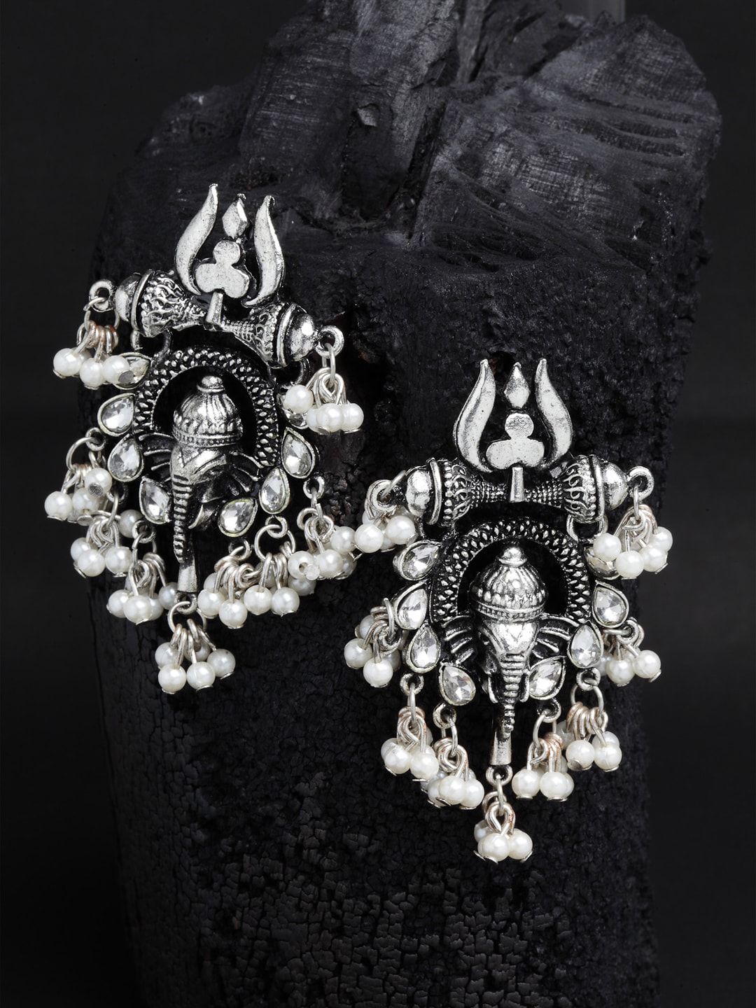 Shining Diva Silver-Toned Oxidised Classic Pearl Drops Earrings Price in India