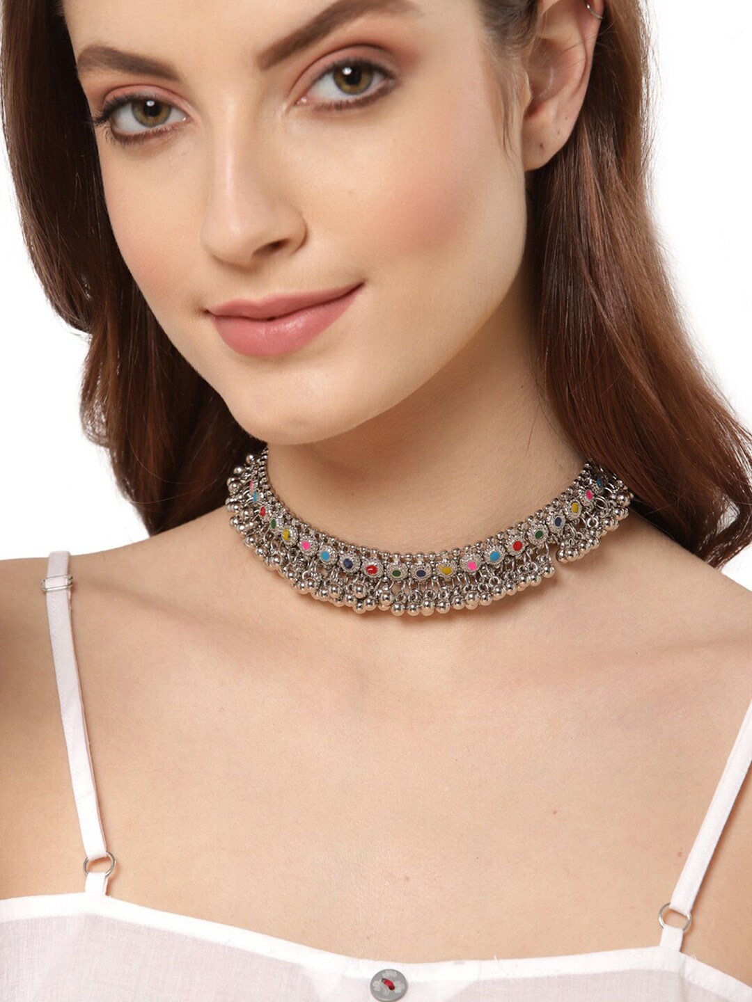 Shining Diva Silver-Plated Oxidised Traditional Choker Necklace Price in India