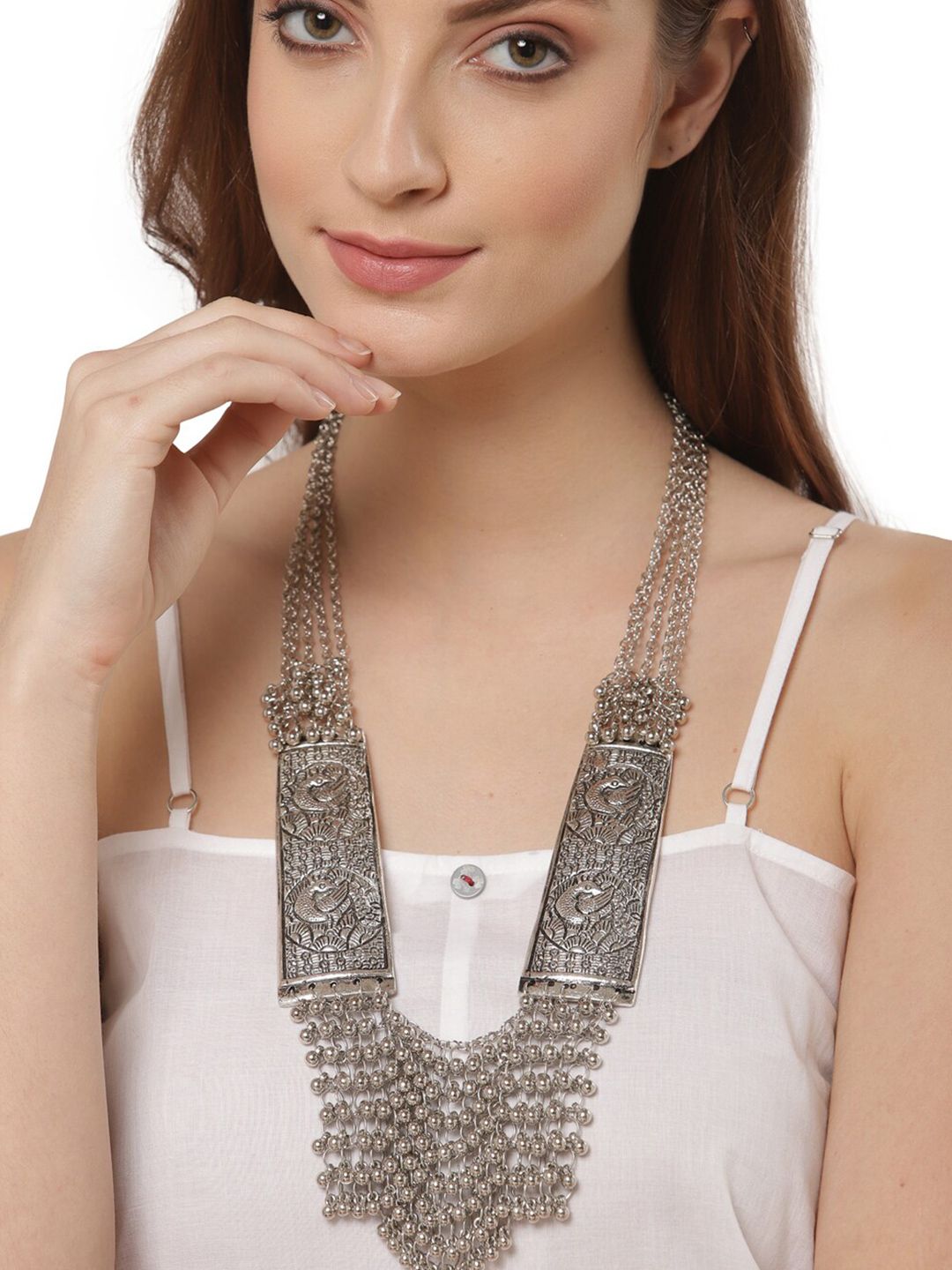 Shining Diva Silver-Toned Silver-Plated Oxidised Necklace Price in India