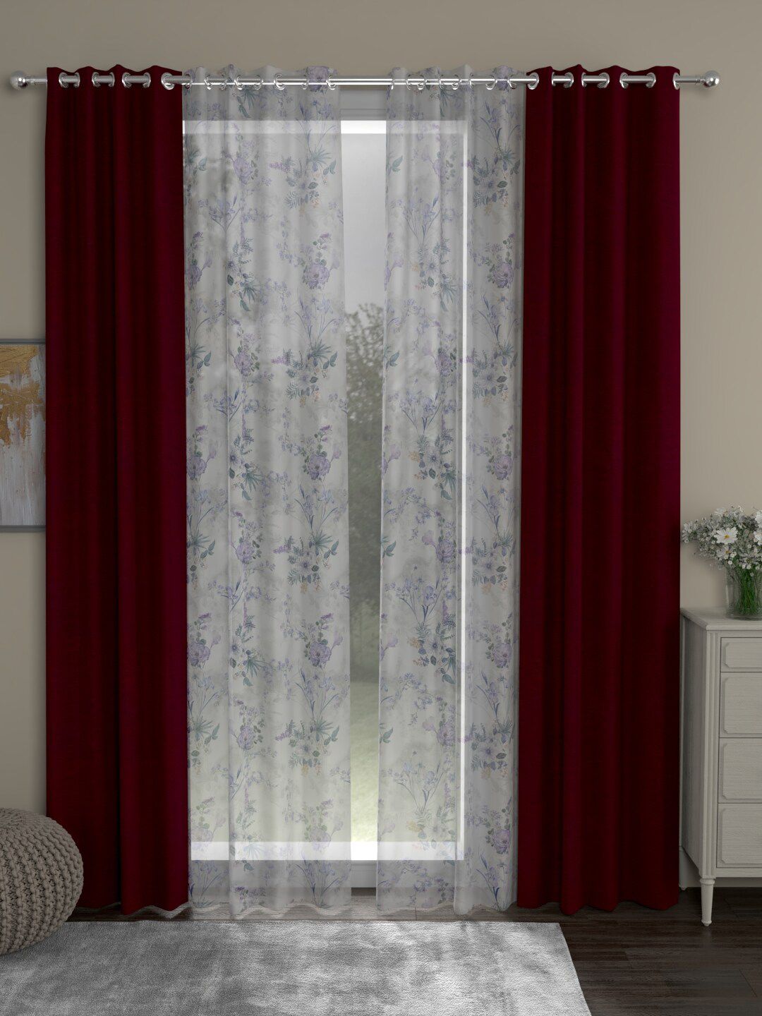 ROSARA HOME Maroon & Lavender Set of 4 Room Darkening Long Door Curtain Price in India