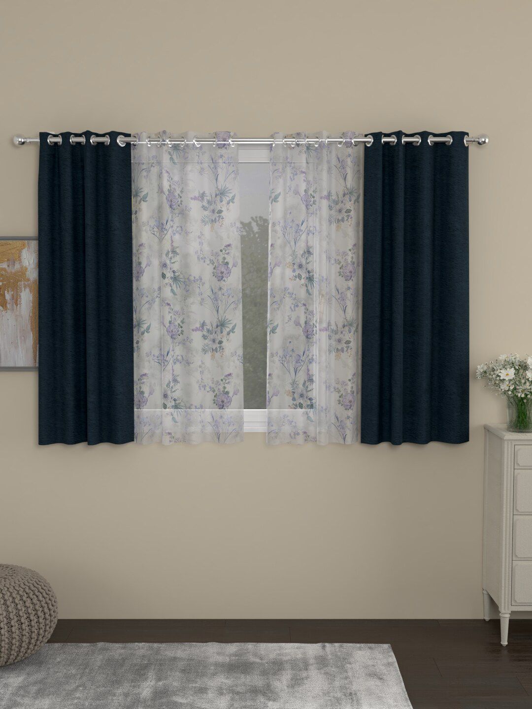 ROSARA HOME Navy Blue & Grey Set of 4 Floral Room Darkening Window Curtain Price in India