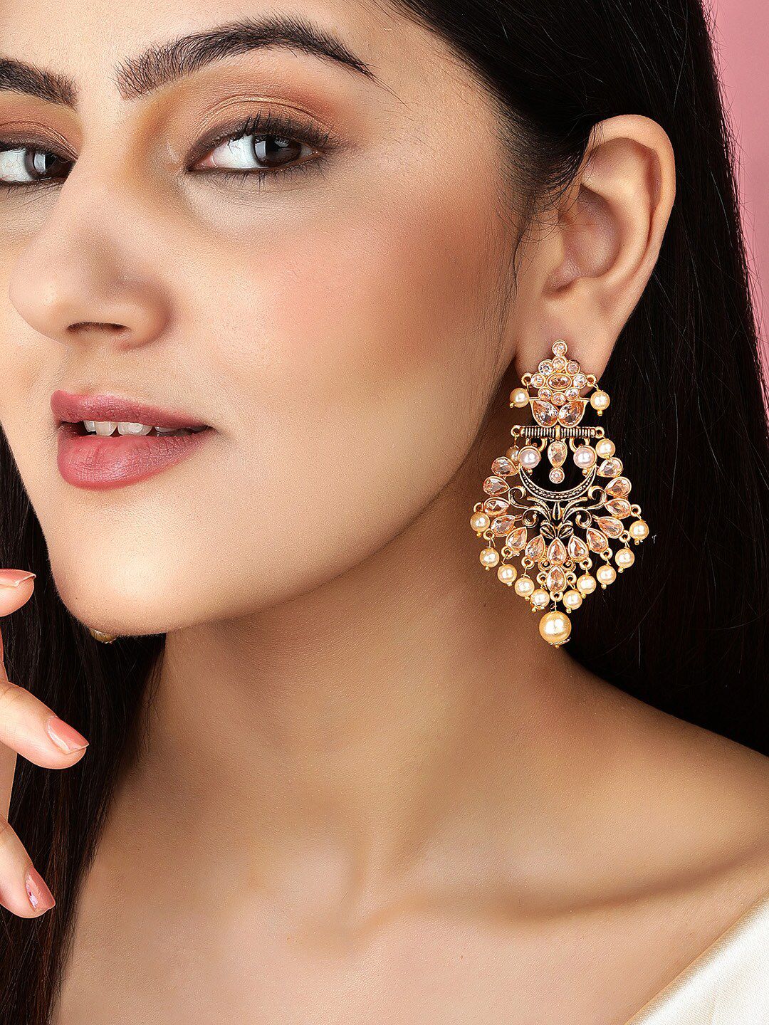 Rubans Gold-Toned Kundan Studded & Pearl Beaded Crescent Shaped Chandbalis Earrings Price in India