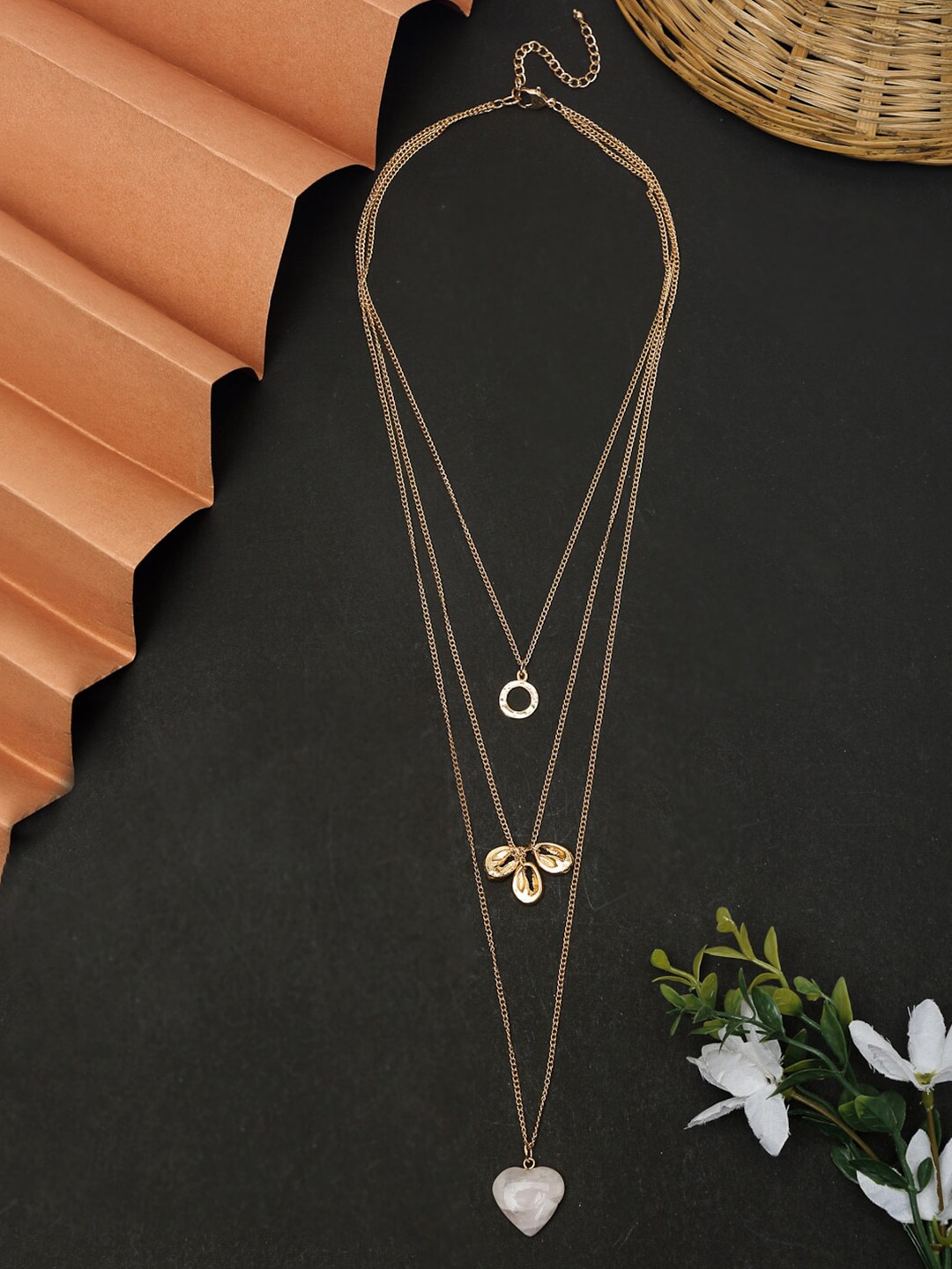 Madame Rose Gold & White Rose Gold-Plated Layered Heart Shell Drop Chain Price in India