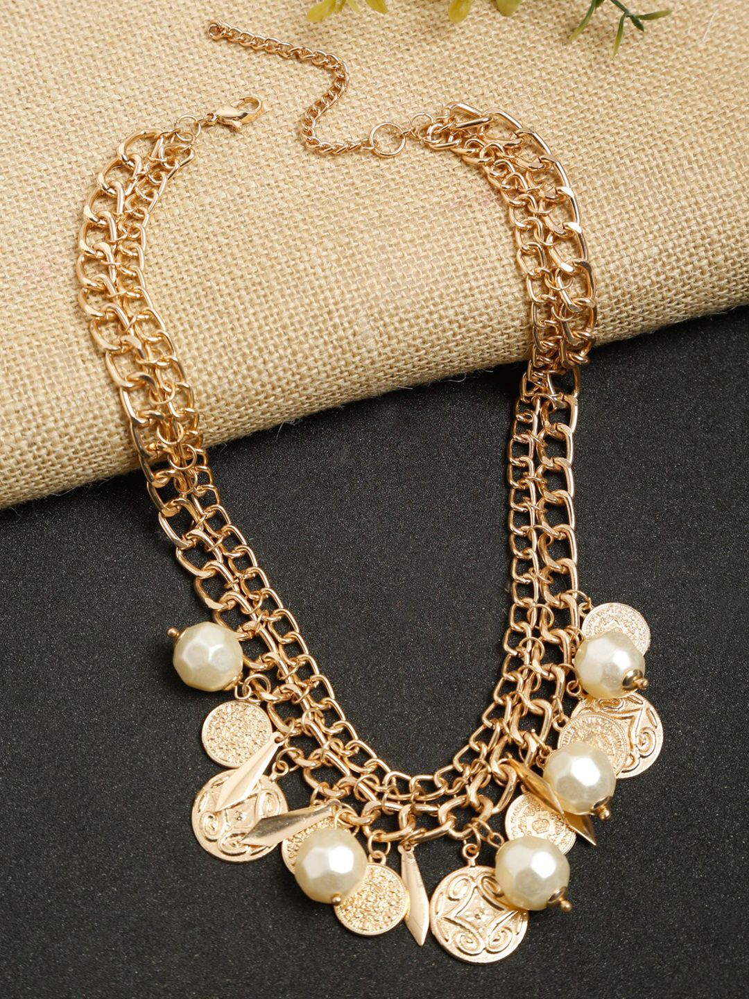 Madame Gold-Toned & White Rose Gold-Plated Pearl Chain Coin Necklace Price in India