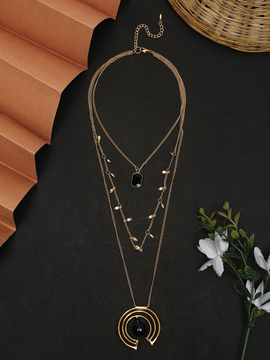 Madame Rose Gold-Plated & Black Layered Stone Studded Chain Price in India